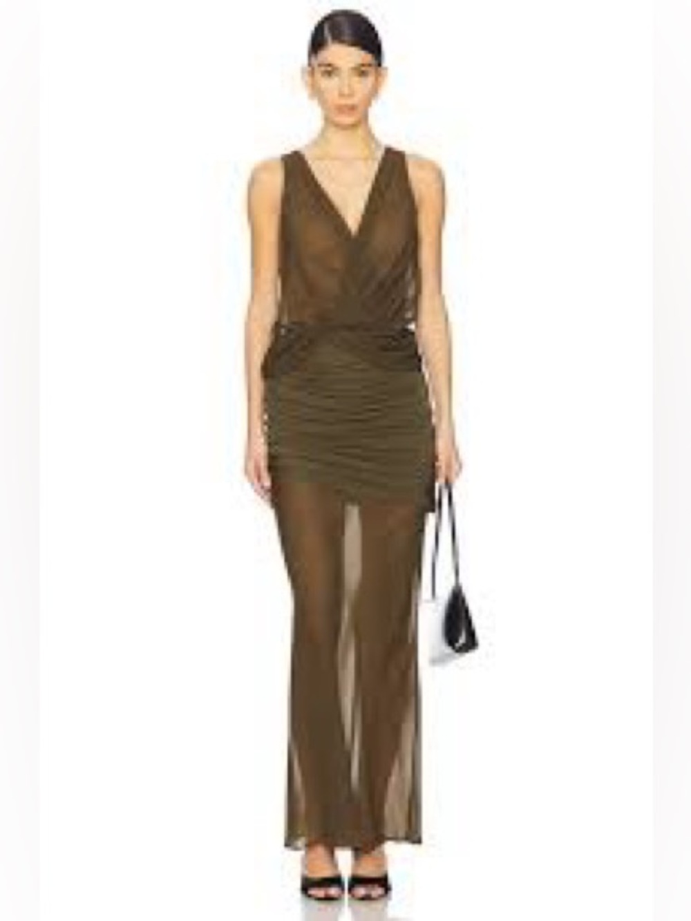 Green  Sheer Draped V-Neck Women's Dress